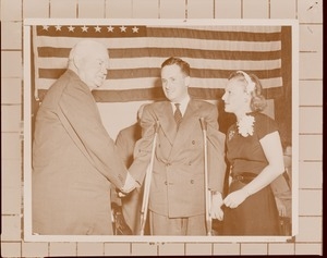 Herbert Hoover shaking hands with client and Margaret Milbank Bogert at Institute Day