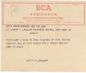 Telegram from Judith G. Wood Langland to Joseph Langland