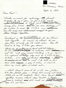 Correspondence from Lou Sullivan to Paul Walker (September 2, 1987)