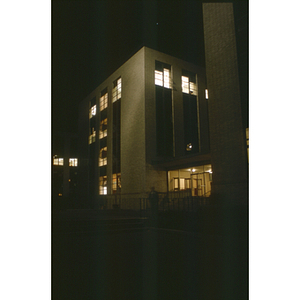 Hayden Hall Entrance, Quad side; Night scene, 1962