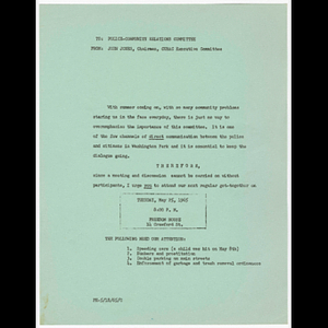 Memorandum from John Jones, Chairman CURAC Executive Committee to Police-Community Relations Committee about meeting on May 25, 1965