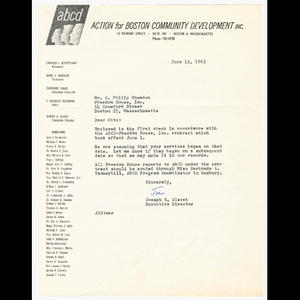 Letter from Joseph Slavet to Otto Snowden about Action for Boston Community Development (ABCD) payment to Freedom House, Inc.