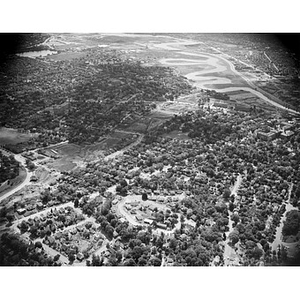Western suburbs, road construction, residential and commercial area, Charles River, unidentified