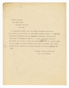 Letter from Citizens National Committee for Sacco and Vanzetti to Walter Lippman, circa August 1927