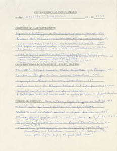 Candido Bartolome's Distinguished Alumnus Award form, ca. 1979