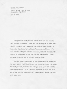 Senator Paul Tsongas' Address to the Class of 1980, Longmeadow High School