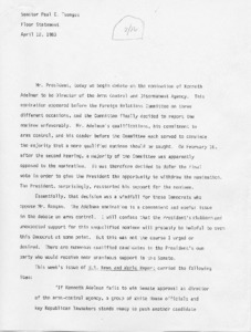 Floor Statement concerning the nomination of Kenneth Adelman as Director of the Arms Control and Disarmament Agency