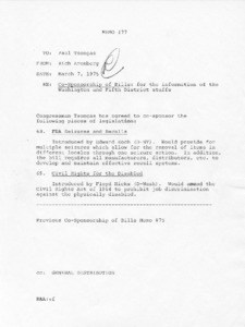Memo #77 to Paul Tsongas from Rich Arenberg regarding Co-Sponsorship of Bills: for the information of the Washington and Fifth District staffs