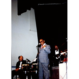 Mario Bauza (center) with his band on stage at the Jorge Hernandez Cultural Center.