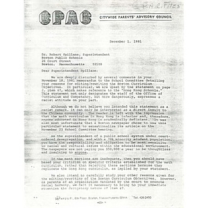 Letter, Superintendent Spillane, December 1, 1981.