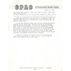 Memo, court hearing the U.S. District Court, August 27, 1981.