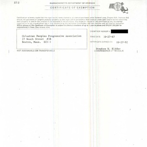 Massachusetts Department of Revenue's Certificate of Exemption for the Chinese Progressive Association