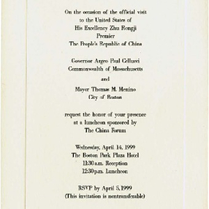 Documents pertaining to a luncheon in honor of the Premier of the People's Republic of China, Rongji Zhu, at the Boston Park Plaza Hotel, Wednesday, April 14, 1999