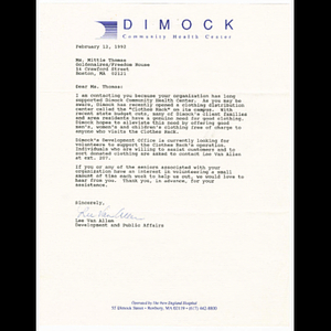 Letter from Lee Van Allen to Mittie Thomas regarding Dimock Clothes Rack