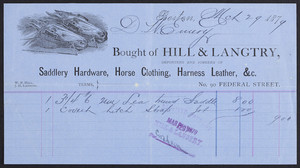 Billhead for Hill & Langtry, importers and jobbers of saddlery hardware, horse clothing, harness leather, No. 90 Federal Street, Boston, Mass., dated March 29, 1879
