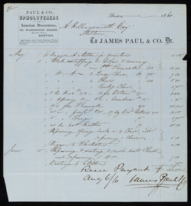 Billhead for James Paul & Co., Dr., upholsterers and interior decorators, 354 Washington Street, Boston, Mass., dated May 8, 1860