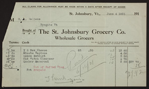 Billhead for The Saint Johnsbury Grocery Co., wholesale grocers, Saint Johnsbury, Vermont, dated June 4, 1921