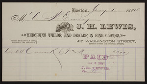 Billhead for J.H. Lewis, merchant tailor and dealer in fine cloths, 417 Washington Street, Boston, Mass., dated January 1, 1884