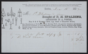 Billhead for R.H. Spalding, lighting fluid and lamps, Nos. 8 & 9 Tremont Row, opposite head of Hanover Street, Boston, Mass., dated December 15, 1852