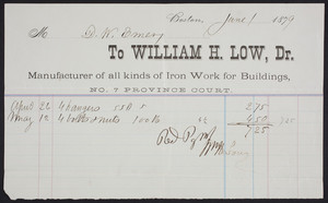 Billhead for William H. Low, Dr., manufacturer of all kinds of iron work for buildings, No. 7 Province Court, Boston, Mass., dated June 1, 1879