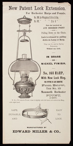 Circular, new patent lock extension for Rochester Harps and Founts, manufactured by Edward Miller & Co., Meriden, Connecticut