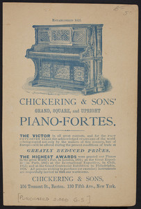 Trade card for Chickering & Sons, grand, square and upright piano-fortes, Chickering & Sons, 156 Tremont Street, Boston, Mass. and 130 Fifth Avenue, New York, New York, undated