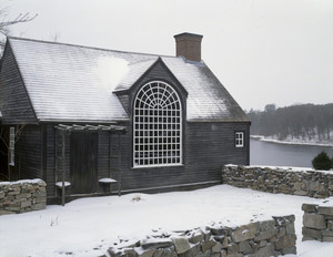 Cottage and river in snow, Hamilton House, South Berwick, Maine