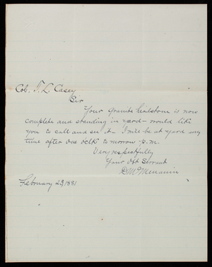 D. McMenamin to Thomas Lincoln Casey, February 23, 1881
