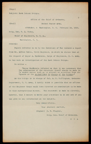 D. W. Flagler to Thomas Lincoln Casey, February 19, 1895