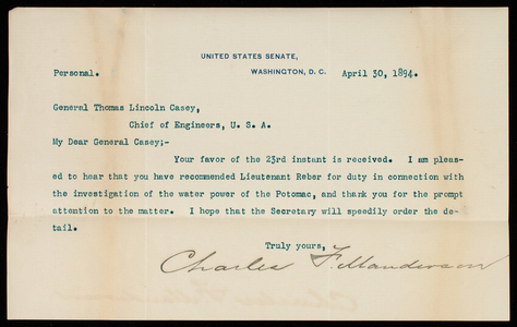 Charles F. Manderson to Thomas Lincoln Casey, April 30, 1894