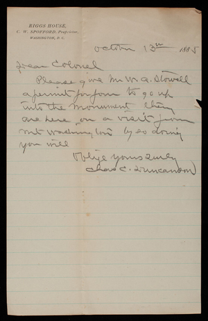 [Charles] C. Duncanson to Thomas Lincoln Casey, October 13, 1885