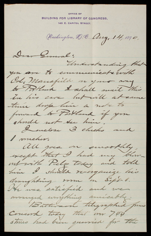 [Bernard R.] Green to Thomas Lincoln Casey, August 14, 1890