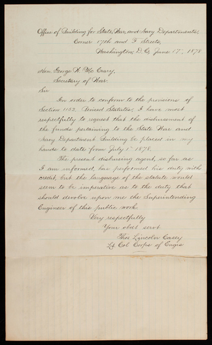 Thomas Lincoln Casey to George W. McCrary, June 17, 1878