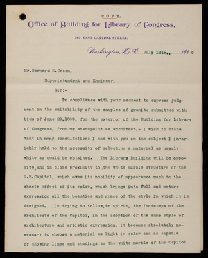 Paul J. Pelz to Bernard R. Green, July 12, 1889, copy