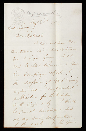 [John G.] Barnard to Thomas Lincoln Casey, May 25, 1870
