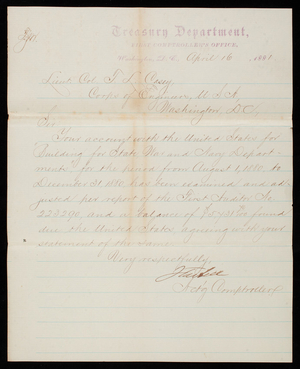 [Jonathan] Tarbell to Thomas Lincoln Casey, April 16, 1881