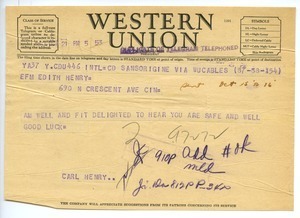 Telegram from Carl Henry to Edith Henry