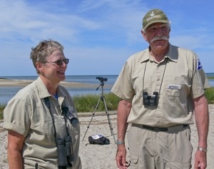Jeanette Bragger and Irwin Shorr (Mass Audubon Society volunteers) by the bay, Wellfleet Bay Wildlife Sanctuary