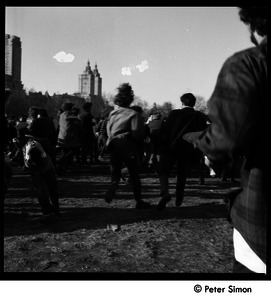 Crowd running about at the Be-In, Central Park, New York City
