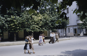 Wedding guests in motion