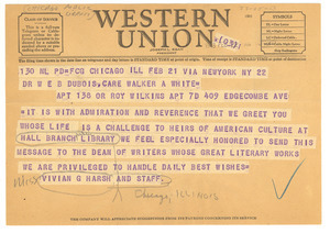 Telegram from Chicago Public Library to W. E. B. Du Bois