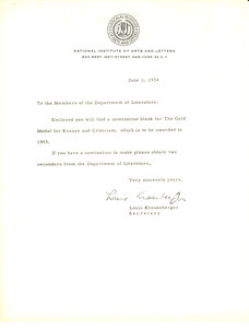 Circular letter from National Institute of Arts and Letters to W. E. B. Du Bois