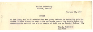 Note from Atlanta University to unidentified correspondent
