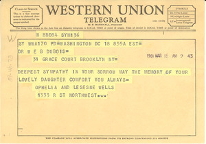 Telegram from Ophelia and Lesesne Wells to W. E. B. Du Bois