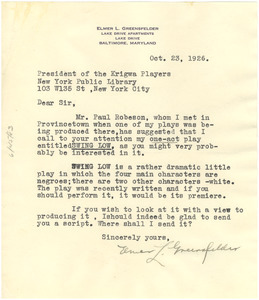 Letter from Elmer L. Greensfelder to the president of the Krigwa Players