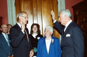 Congressman John W. Olver (left) and Tom Foley (right) at swearing-in as U.S. Representative for the 1st District, Massachusetts