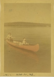 Joel Kahn and his mother Bernice in a red canoe