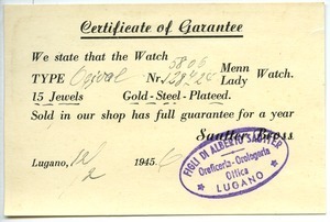 Certificate of guarantee for Swiss watch