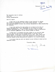 Letter from Mrs. Dorothy Power to Mayor John Collins in support of the Mayor's efforts to solve the school segregation issue