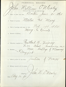 Personal record of John William O'Mealey (1837)